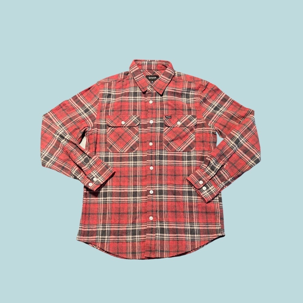 Brixton Bowery Mens Red Black Plaid Flannel Long Sleeve Button Up Shirt Size M